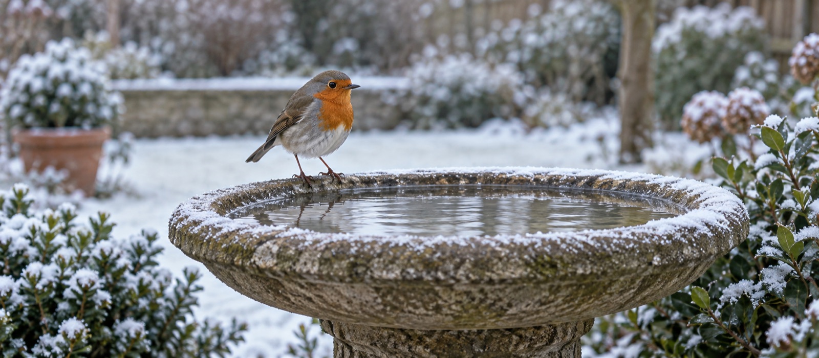 A robin at a shallow bird bath holding unfrozen water in a snowy garden