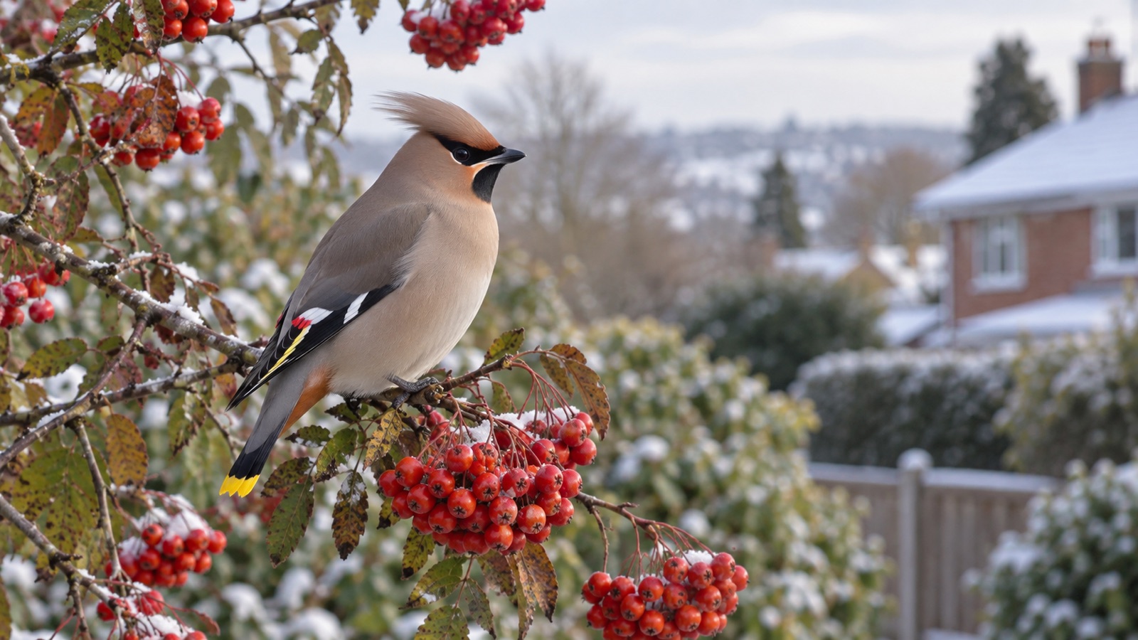 Illustrative crested waxwing with black mask and yellow tail tip in a snowy British rowan tree