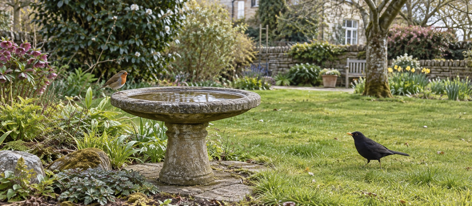A robin and blackbird beside a bird bath in an open, leafy British garden