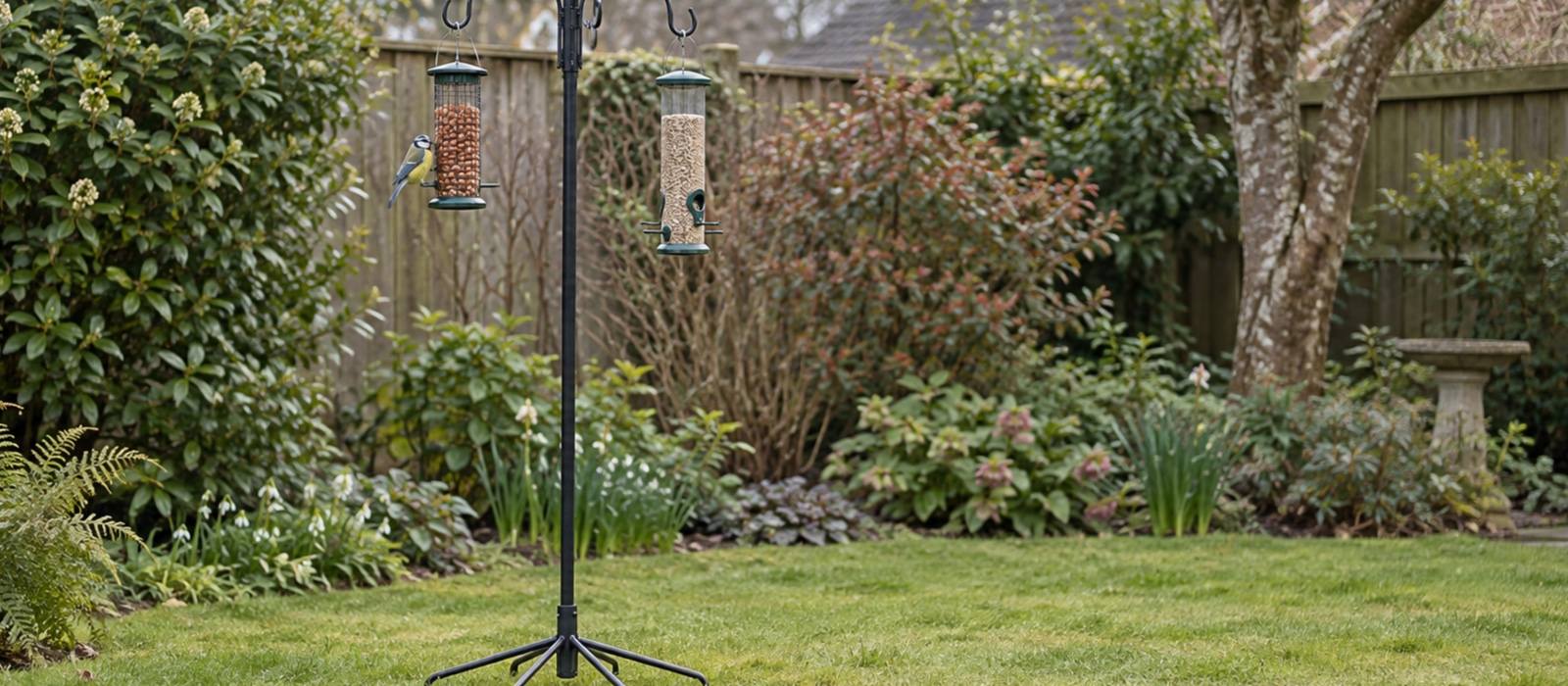 Contained feeders hanging from a stable pole in an open British garden