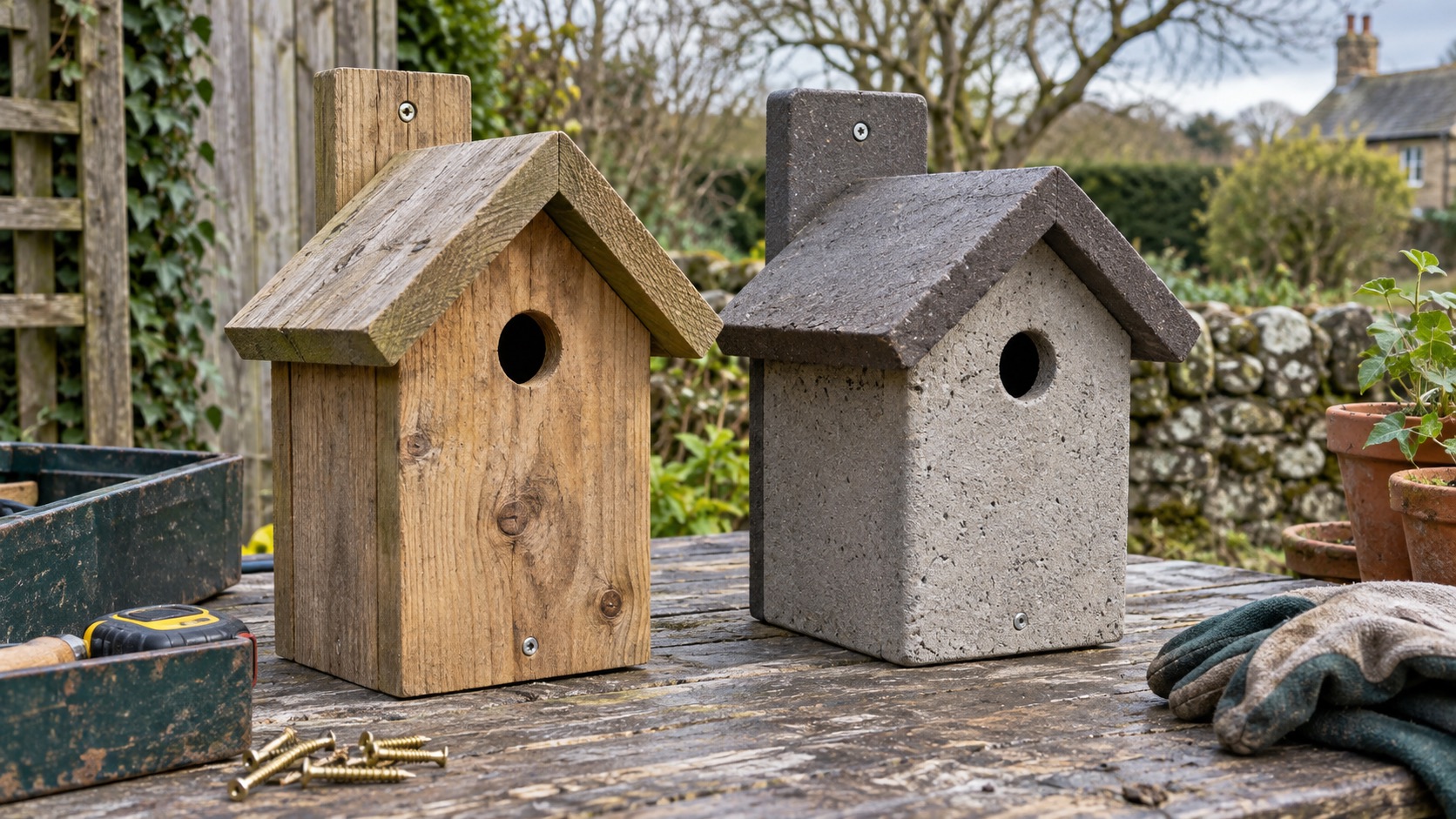 Illustrative side-by-side timber and woodcrete nest boxes in a sheltered British garden